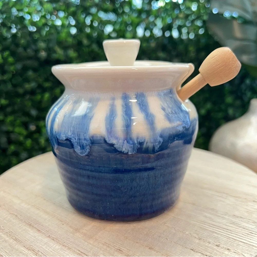 New Hand Crafted Ceramic Honey Pot | Lidded | Artisan Pottery | Jam Jar | Blue